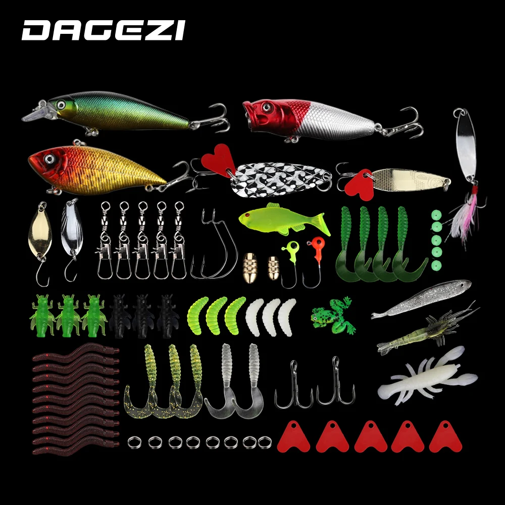 

DAGEZI Fishing Lure Set Mix Minnow Popper Spoon Jig Head Hooks 76Pcs Fishing bait Kit With Box Artificial Bait Fishing Tackle