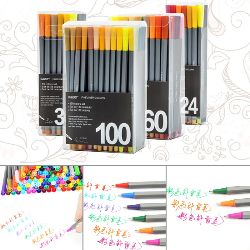 

24/36/60/100 Colors 0.4mm Fineliner Marker Pen Water Based Assorted Ink Drawing Graffiti Hook Fiber With Hole Pouch Art Markers