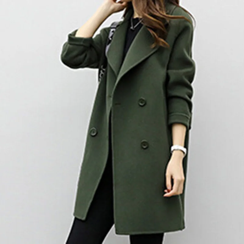 Осенняя и весенняя женская одежда, Длинное свободное тонкое двубортное шерстяное пальто-кокон, Трендовое Новое корейское шерстяное пальто