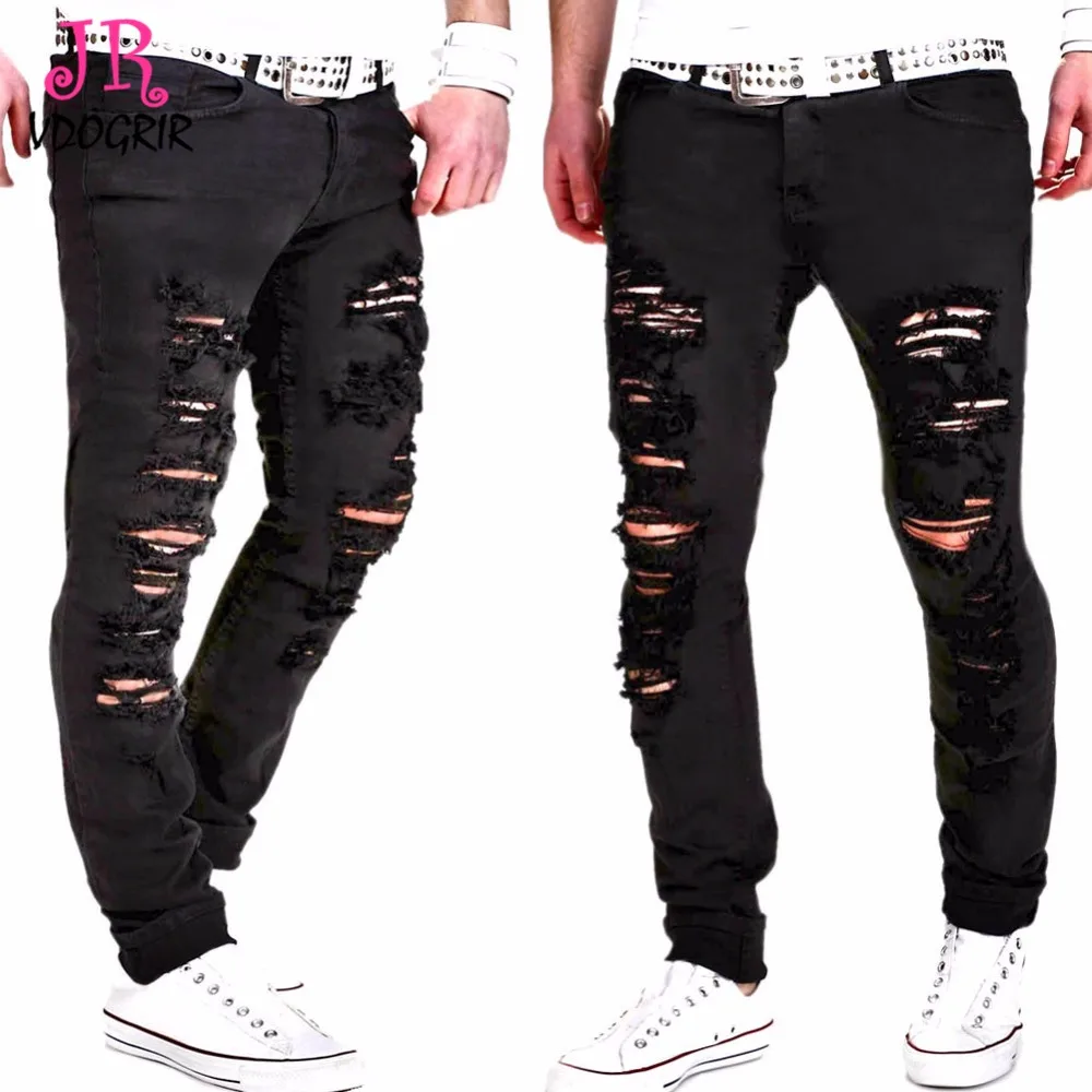VDOGRIR New Men's Hole Pants Punk Hip Hop Cotton Full Length Straight