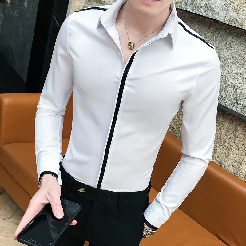 

All Match Men Shirt Brand New 2019 Slim Fit Mens Casual Shirts Solid Streetwear Long Sleeve Shirt Men Ribbon Design Blouse Homme