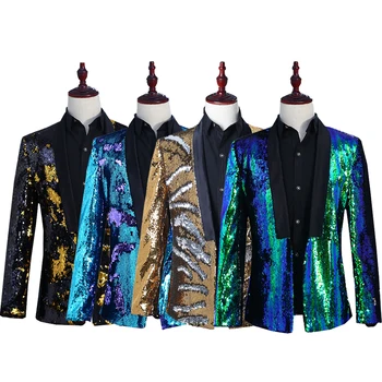 

S-3XL!!Two-tone male nightclub bar singer flip sequined suit stage suit presenter trend jacket.