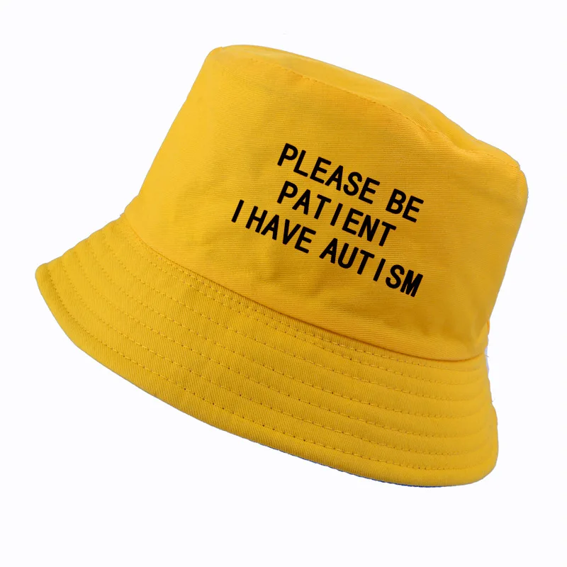 Пожалуйста, будьте терпеливы, у меня есть аутизм, с буквенным принтом, мужская шляпа-Панама, женские рыбацкие шляпы, летние, для охоты, рыбалки, кепки harajuku - Цвет: Цвет: желтый