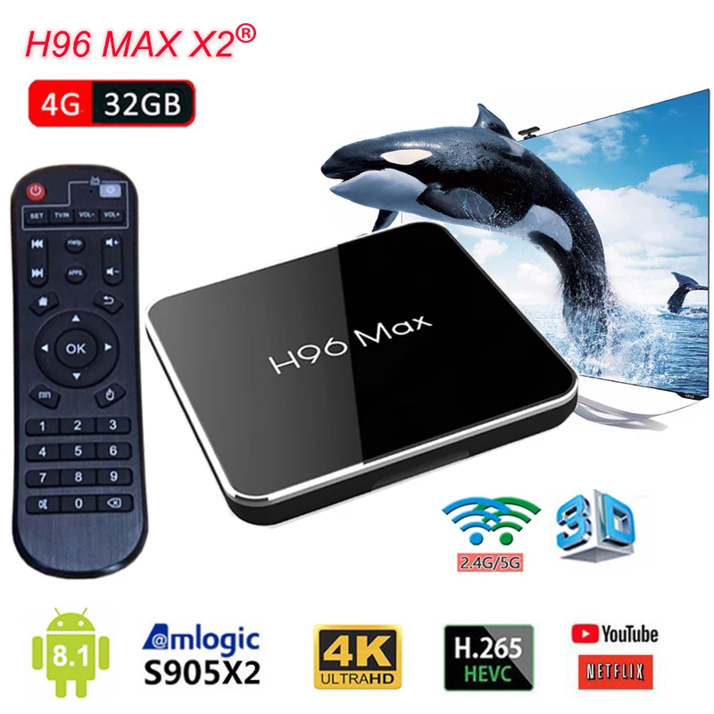 

H96 MAX X2 android tv set top box Amlogic S905X2 Quad Core 64bit Ram 4GB Rom 32GB Smart 4K 2.4G/5G Wifi H.265 4K HD Media Player