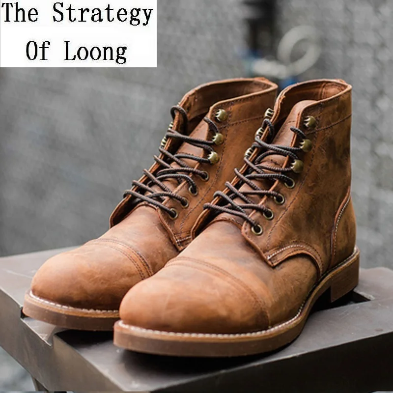 

Men New Retro Spring Autumn Manual Cow Leather Ankle Riding Equestrian Round Toe Lace-up Sewing Low Atmosphere Boots 20180902