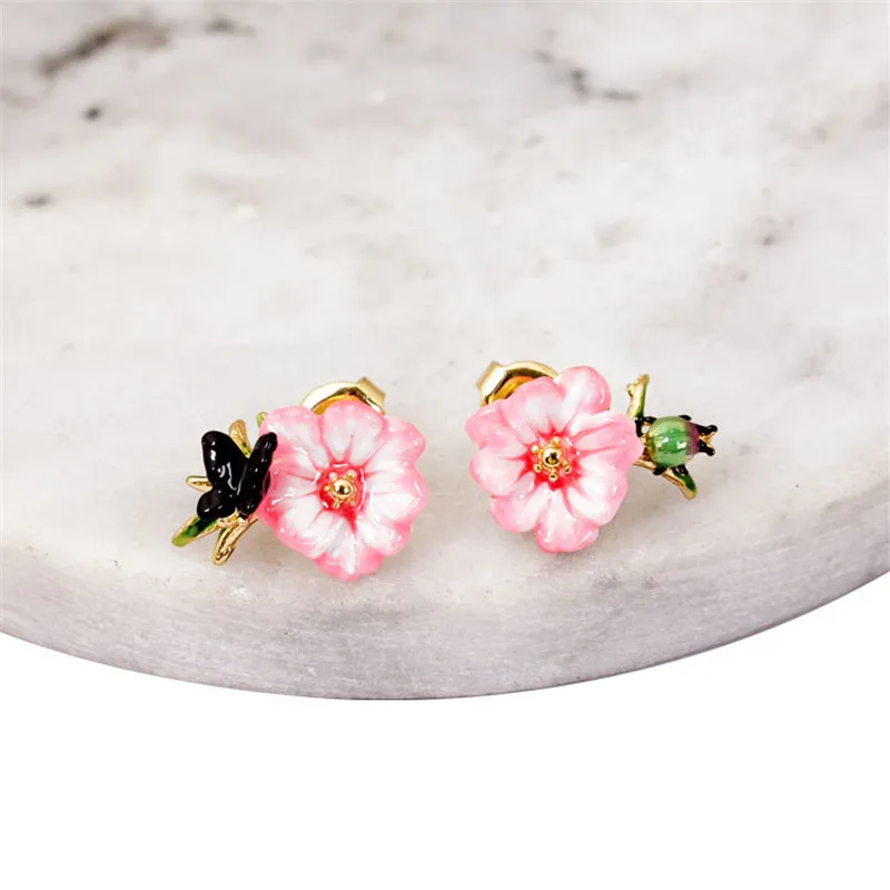 

French Jewelry Enamel Glaze Autumn Winter Monet Garden Series Asymmetric Butterfly Flower Women Stud Earrings
