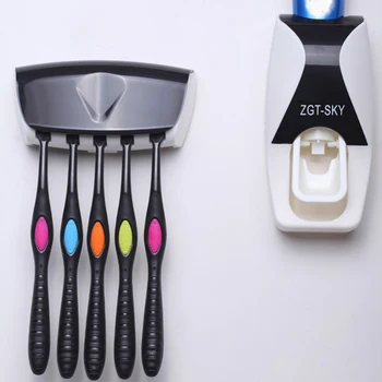 

1 Set Automatic Lazy Toothpaste Dispenser with 5 Toothbrush Holder Bathroom Shelves Plastic Squeezer Bathing Accessories