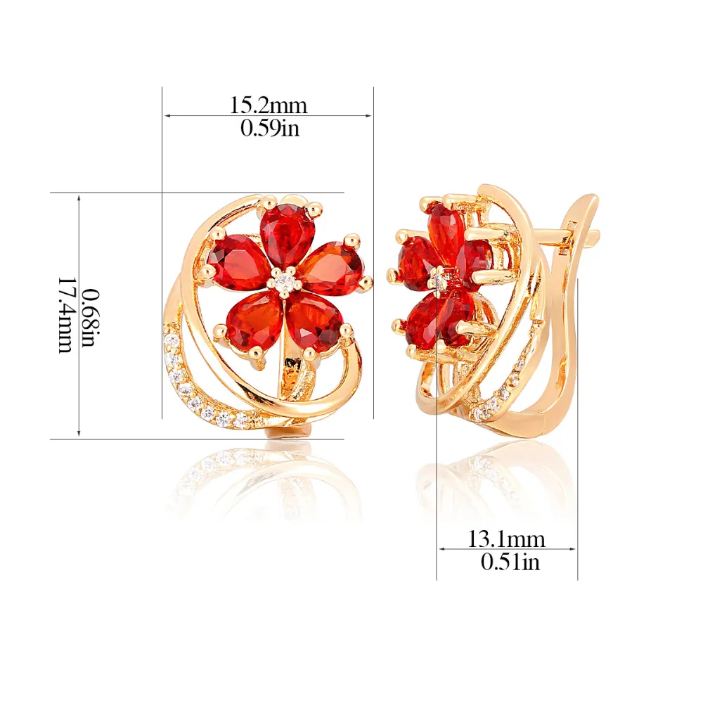 Пять лепесток цветка проложить груша Красный AAA CZ Циркон желтого золота Цвет Малый Серьги-кольца для Для женщин jewelry aros Pendientes aretes