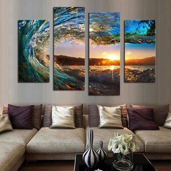 

4 Pane Waves and sunsets Diamond Painting Cross Stitch 5D Diy Diamond Embroidery , diamond Mosaic Full Resin Kits Home Decor