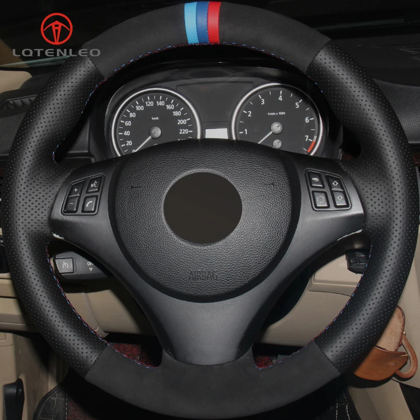 

LQTENLEO Black Suede Genuine Leather Hand-stitched Car Steering Wheel Cover for BMW E90 320i 325i 330i 335i E87 120i 130i 120d