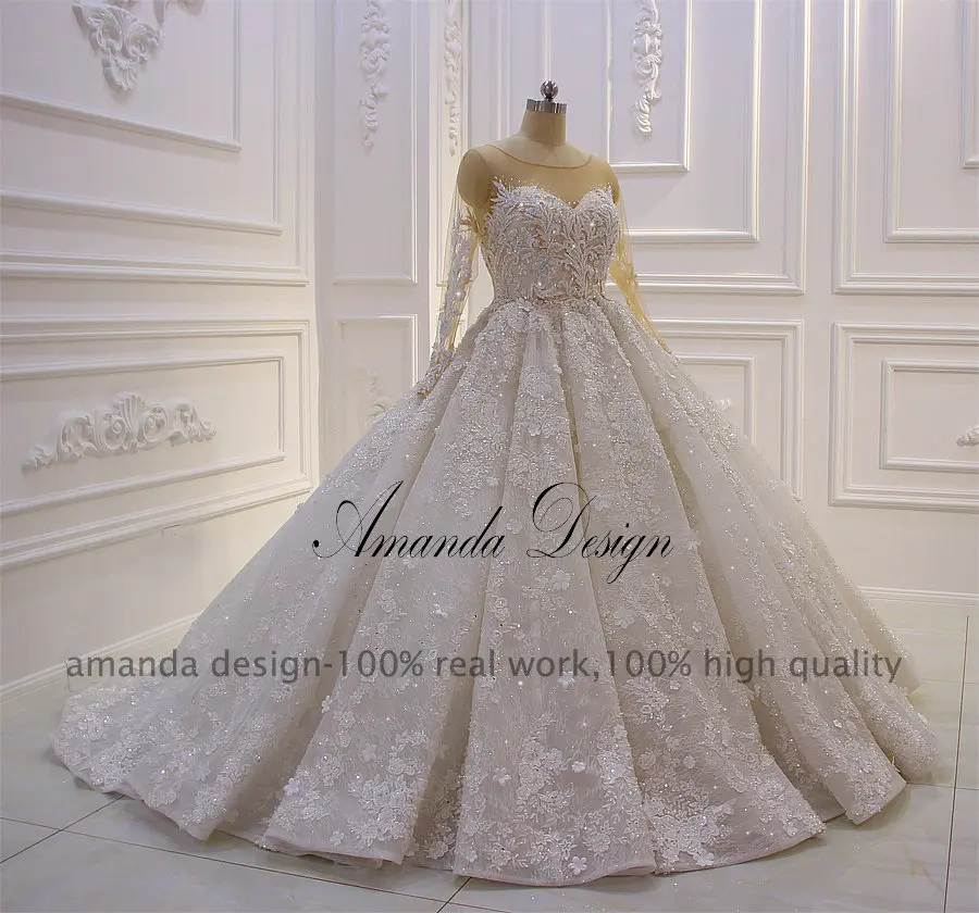 Аманда дизайн robe de mariee с длинными рукавами кружевные аппликационные цветы роскошное Королевское свадебное платье