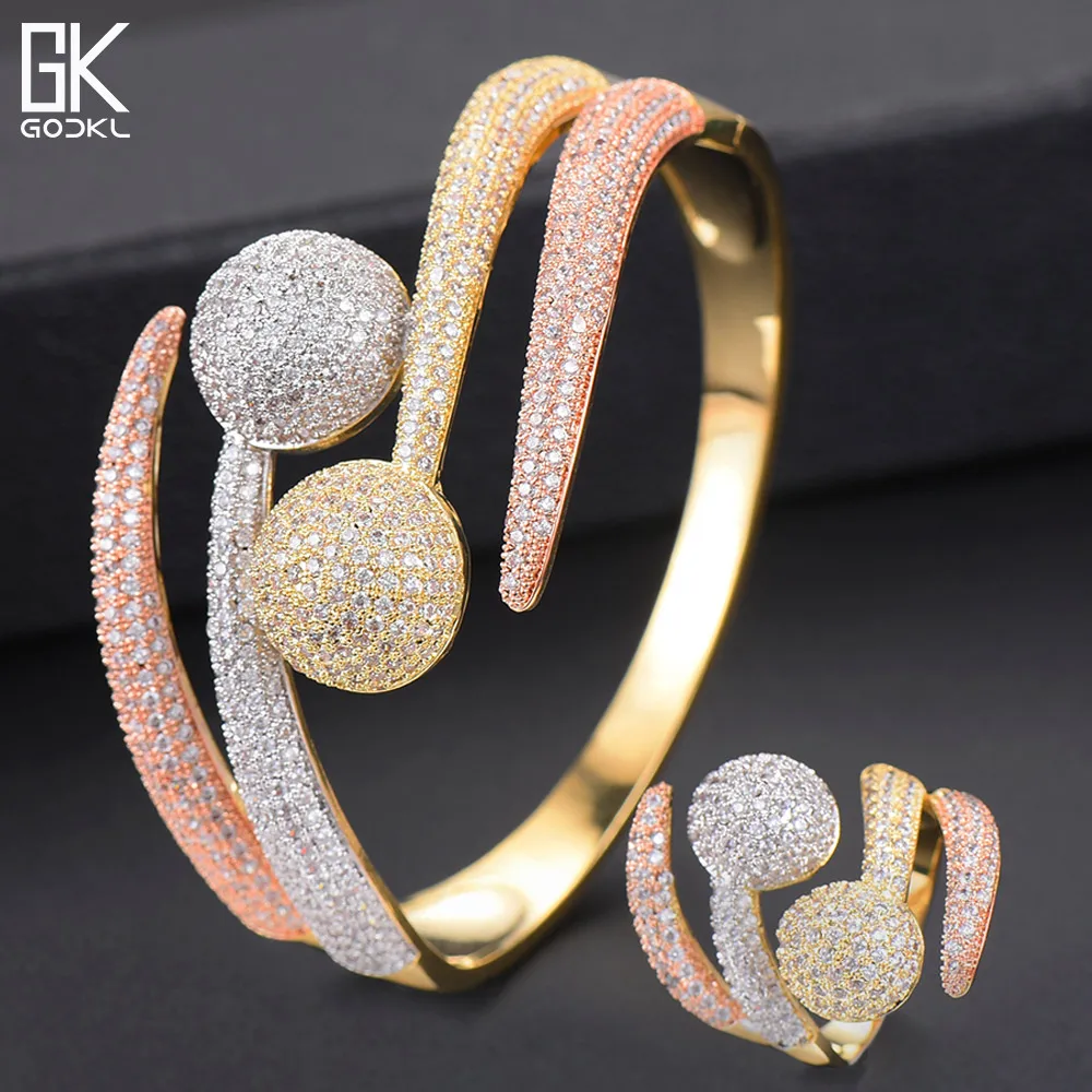 

GODKI Luxury 3 Tone Ball Winding African Nigerian Bangle Ring Sets Indian Jewelry Set For Women Wedding brincos para as mulheres