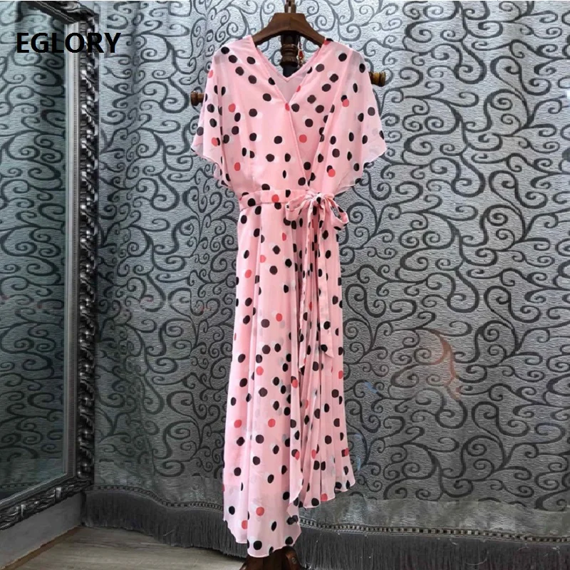 

Runway Dress 2019 Summer Style Women V-Neck Polka Dot Print Drawstring Waist Short Sleeve Large Swing Party Pink Dress Tunic