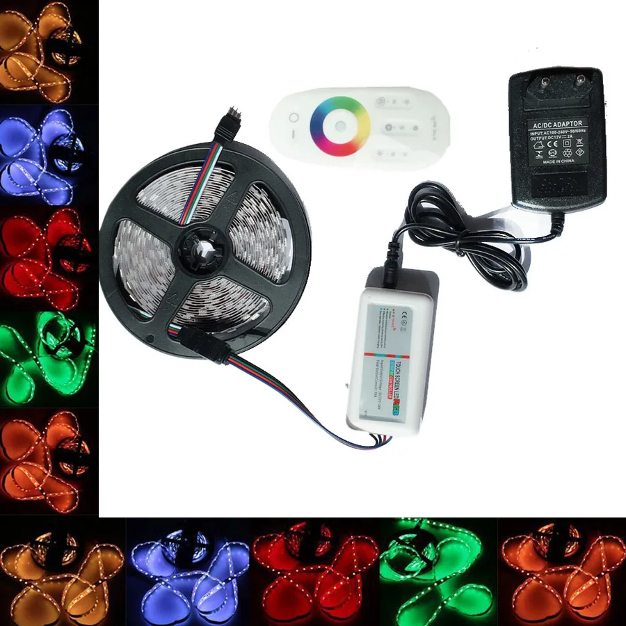 

IP20 / IP65 Waterproof 5M / 10M / 15M / 20M 5050 RGB LED Strip Set with 2.4G Touch Screen RF Remote Controller + 12V Power Adapt