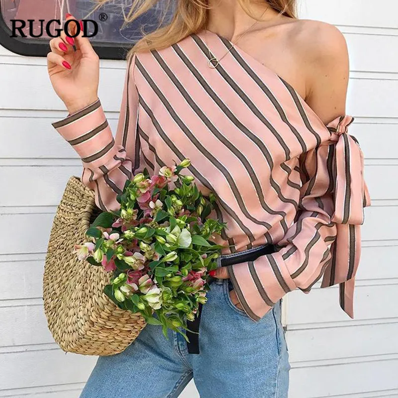 RUGOD Casual Striped Women Shirts Skew Collar Long Sleeve