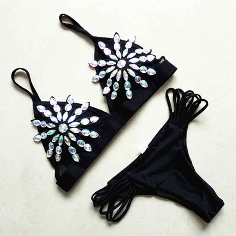 外贸爆款2019比基尼 水晶花朵bikini 纯色蕾丝钻石泳衣性感女泳装 (4)
