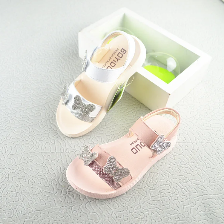 

Children Shoes New Style White/pink Soft Sole Open Toe Girls Sandal Fashion Rhinestone Butterfly Pattern Princess Casual Sandals