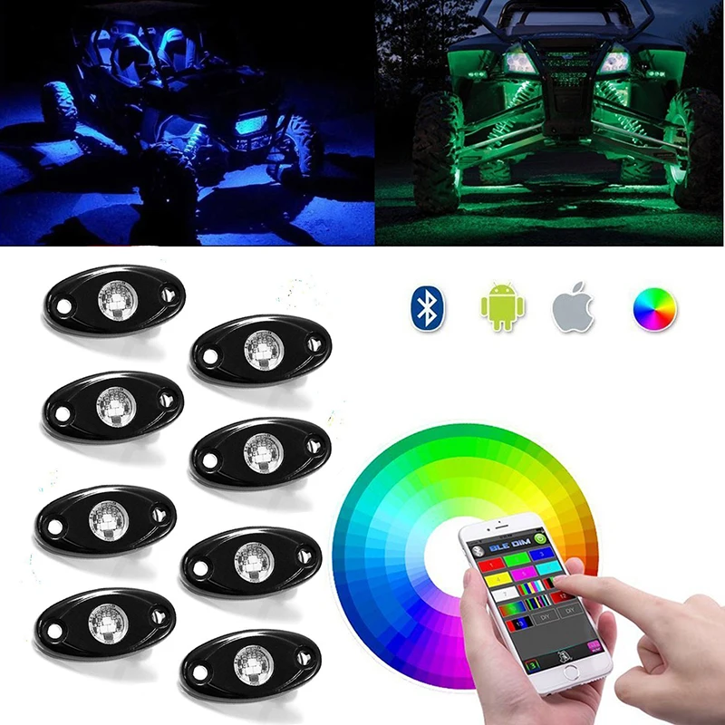 

8Pcs RGB LED Rock Lights Wireless Bluetooth Music Flashing Multi Color For JEEP ATV SUV Offroad Truck Boat Underbody Glow Lamp