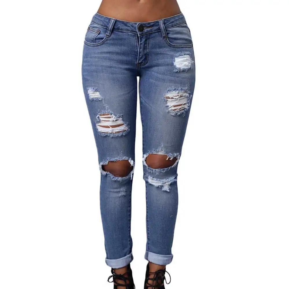 Fashion Slim Jeans For Women Blue Destroyed Boyfriend Skinny Jeans ...