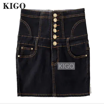 

KIGO Women Black Denim Skirts High Waist Sexy Bodycon Pencil Skirt Plus Size Women Skirt Pocket Jean Saias 2018 KH0566H