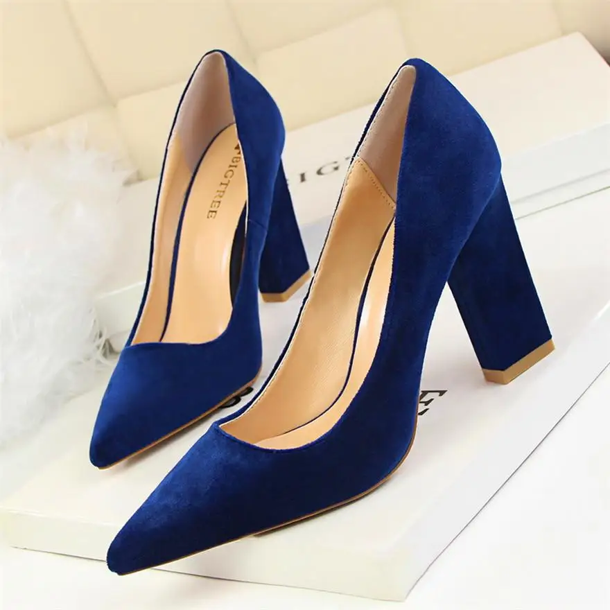 BIGTREE/Осенняя обувь на высоком каблуке в сдержанном стиле женские модные однотонные офисные туфли на низком каблуке из флока пикантные женские вечерние туфли с острым носком - Цвет: Royal Blue