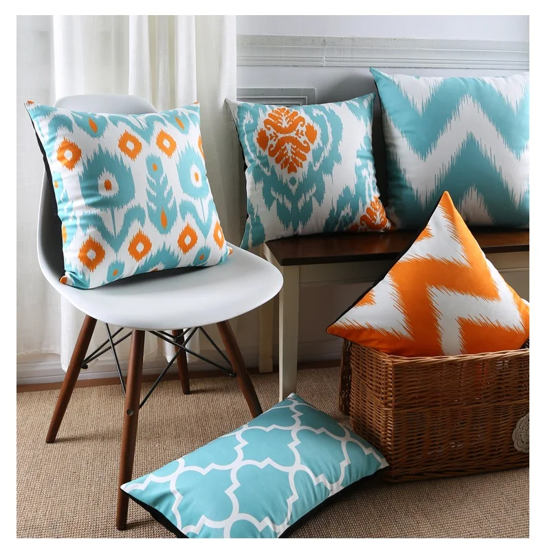 Flower Cushion Covers Blue and Yellow Pillow Cases Wavy Stripe