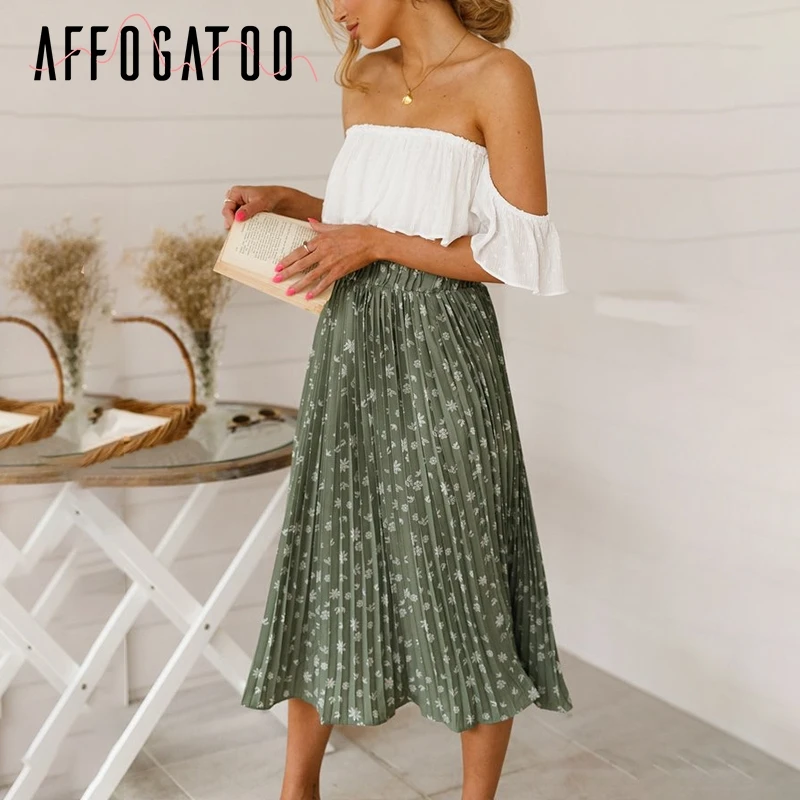 

Affogatoo Casual floral print high waist long pleated skirt women Holiday beach chiffon summer skirt Bohemian loose skirt female