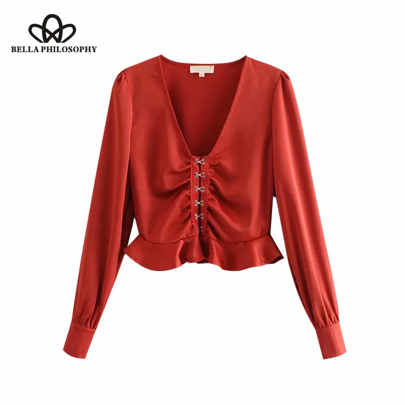 Wonder 2018 new Vintage Chic  Sexy Ruffles Buttons Short Tops Blouses V-Neck Long Sleeve Pleated  Shirts Casual Blusas Mujer