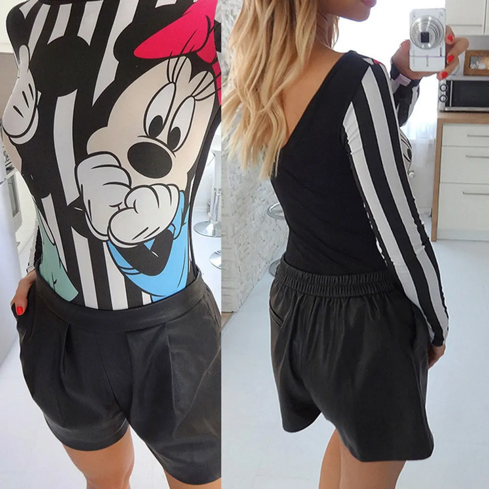 2018 Bodycon Slim Cute Cartoon Mouse Printed Long Sleeve Bodysuit Round Neck Autumn Tops Striped Jumpsuits Overalls Romper 