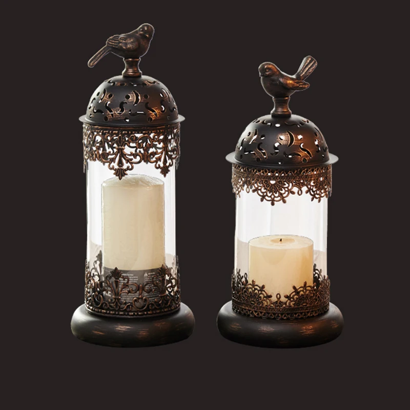 European Morocco Accents Black Gold Iron Glass Candle Lantern Set with Bird Lid Cover European Morocco Accents Black Gold Iron Glass Candle Lantern Set with Bird Lid Cover