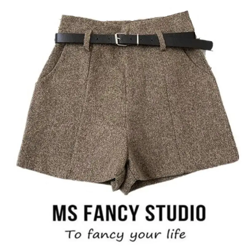 Women Winter Thick Woolen Shorts With PU Belt High Waist Wide Leg Shorts Women Korean Fashion Formal Vintage Shorts