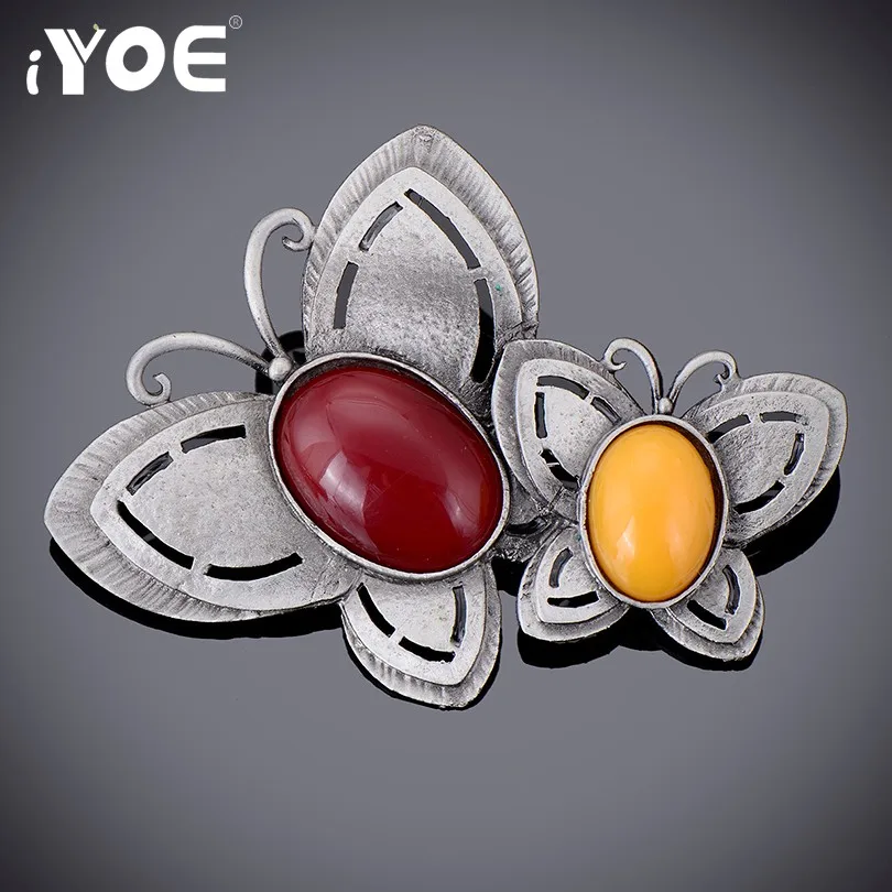 

IYOE Unique Double Butterfly Brooch Women Vintage Jewelry Natural Stone Animal Brooches Pin Accessories for Scarf Collar