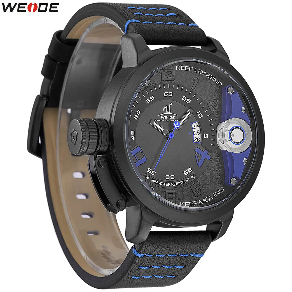Новые часы WEIDE, брендовые Роскошные Мужские кварцевые спортивные наручные часы, повседневные водонепроницаемые аналоговые кожаные мужские часы, черные - Цвет: Синий