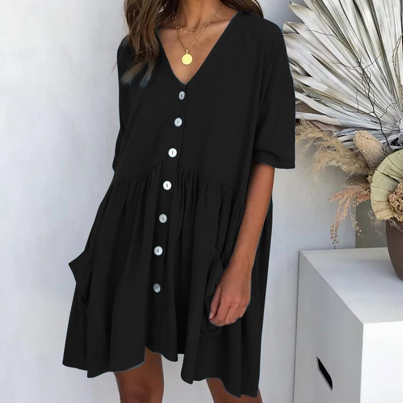 

Mini Dress Plus Size Buttons Decorative Loose Casual Women's Clothing Summer Dress Streetwear Half Sleeve V Neck Pockets M0466