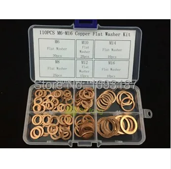 

110pcs m6-m16 Red copper Flat Washer Ring Assortment Kit different size with Free Box