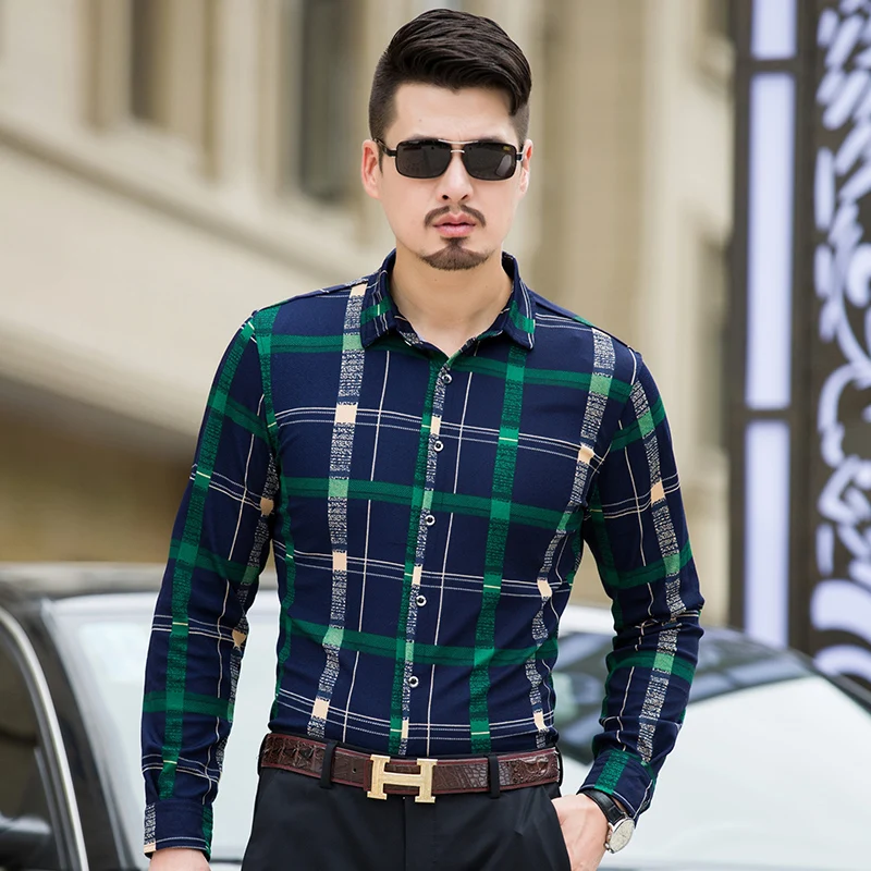 

2018 Spring Fashion Plaid Camisa Social Masculina Plus Size 7xl Mens Long Sleeve Silk Shirt Slim Fit Male Business Cotton Shirts