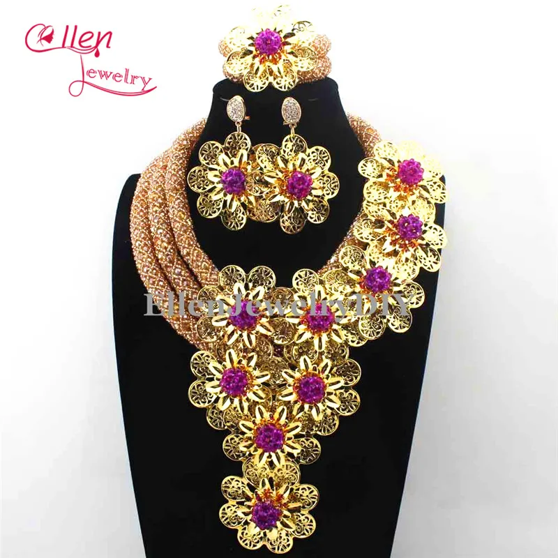 

New Luxury African beads jewelry sets india nigerian flower beads beaded wedding bridal necklace dubai jewelry sets E1138