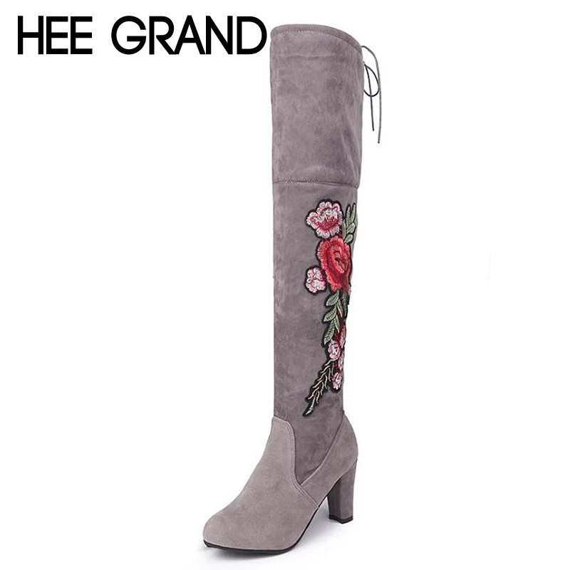 

HEE GRAND Women Winter High Boots Exquisite Embroider Flower Flock Knee-High Boots Women Fashion Boots Plus Size 34-43 XWX6623