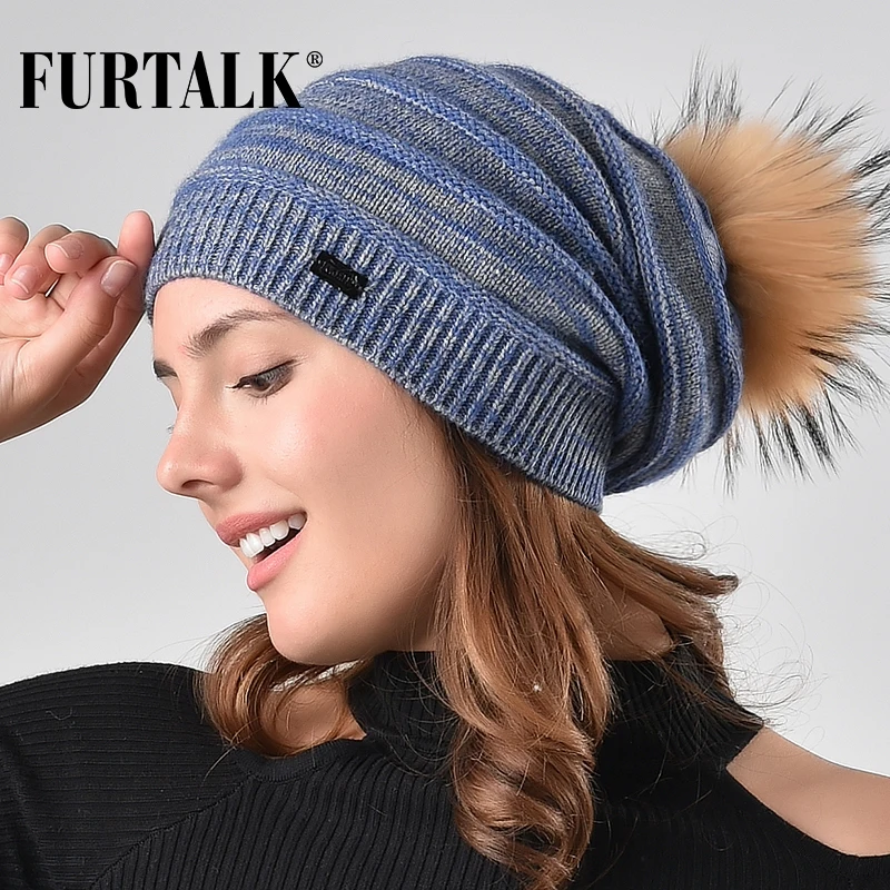 FURTALK зимняя шапка женская из натурального меха енота шерстяные шапки с кроличьим