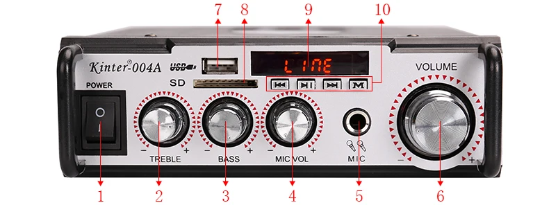 kinter-004A power amplifier audio 2.0CH AUX USB SD microphone input FM radio bass treble volume conrol support AC DC power input (17)