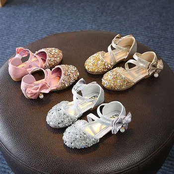 

Summer Children Shoes Girl Sequins Princess Sandals Rhinestone Pearl Bow Soft-Soled Flat Heels Glitter Kids Shoes