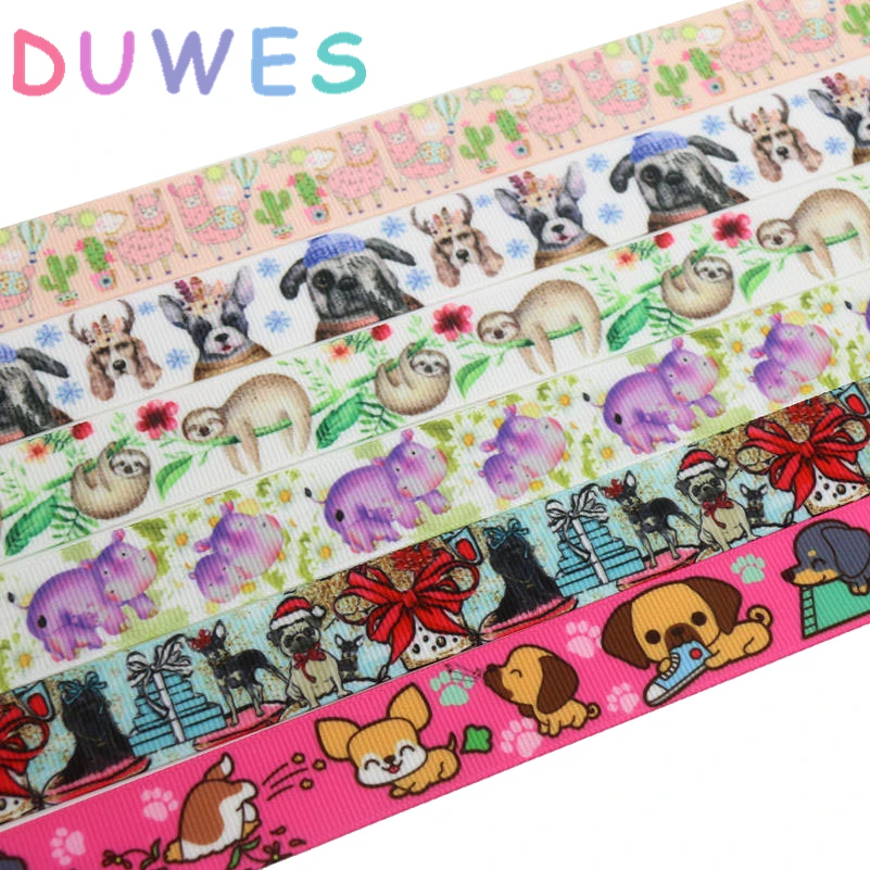 

DUWES 50yards dog animals sloth printed grosgrain Ribbon Accessory hairbow headwear decoration Wholesale OEM D951