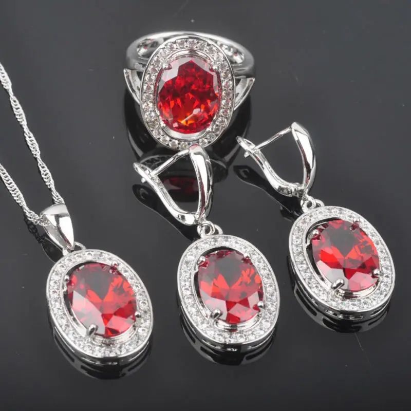 

FAHOYO Red Created Garnet Women's 925 Silver Wedding Jewelry Sets Earrings/Pendant/Necklace/Rings Free Shipping QZ093