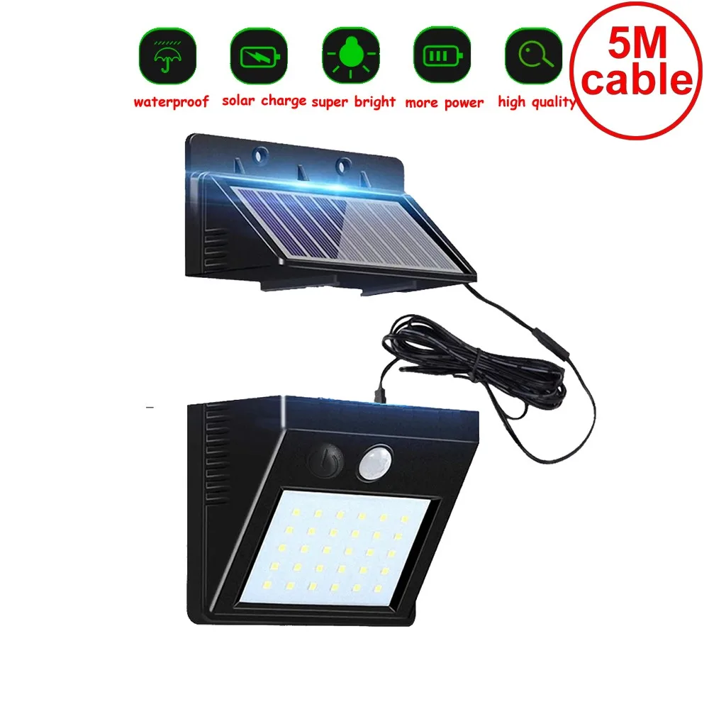 

30 led 500lm solar light split mount pIR motion sensor street wall indoor lamp waterproof ip65 5M wire for garden garage patio