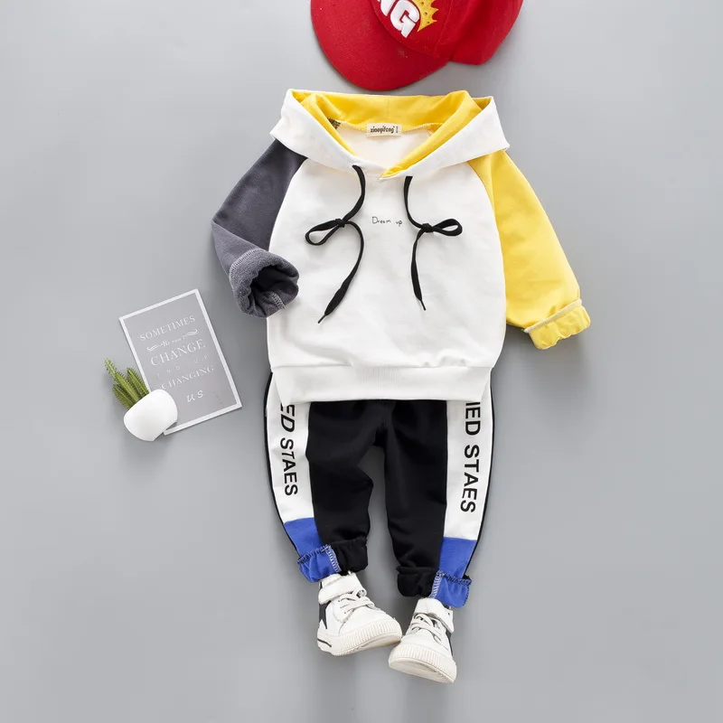 Online Conjunto de ropa Casual para niños pequeños, Sudadera con capucha, manga larga, Patchwork, trajes para niños, suéter para niño, chándal, trajes de 1 4 Y