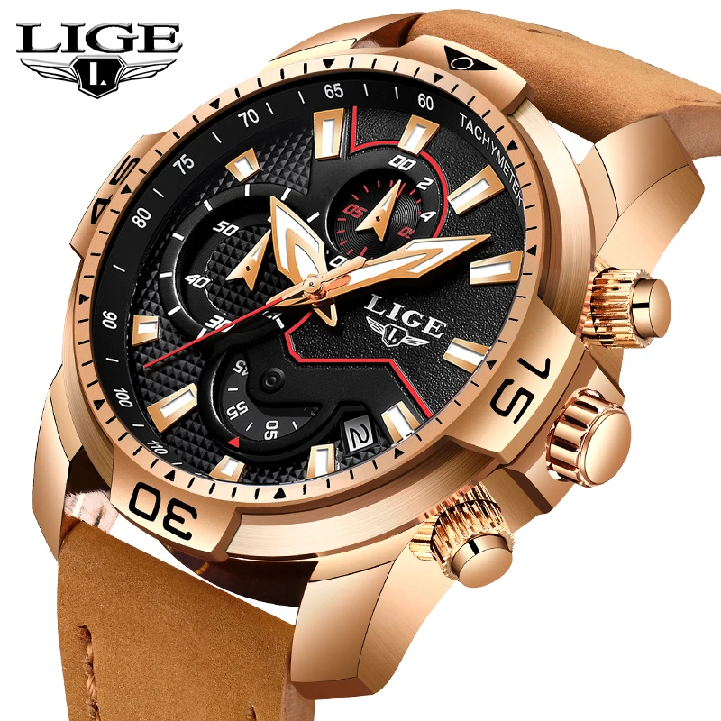 

LIGE Brand Luxury Men's Watches Fashion Military Leather Waterproof Watch Business Chronograph Date Men Watch Relogio Masculino