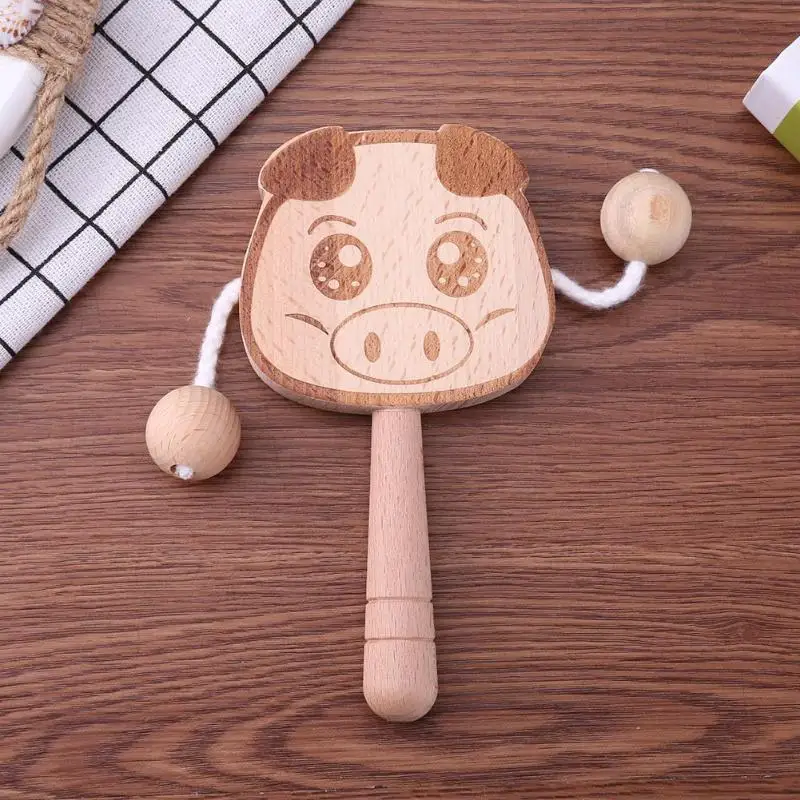 Мультфильм животное бук дерево детская погремушка-барабан игрушки ручной укус прорезывание зубов музыкальный инструмент игрушка ребенок