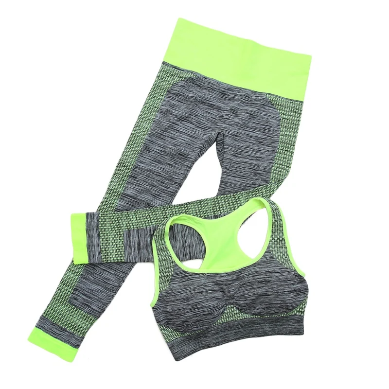 2 шт., женские спортивные комплекты для йоги, бесшовный бюстгальтер для фитнеса+ штаны, леггинсы, комплект, спортивная одежда для тренировок - Цвет: Зеленый