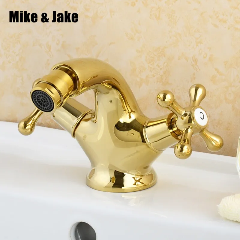 Free shipping gold bidet faucet shaft tap double handle golden basin bidet mixer crane antique