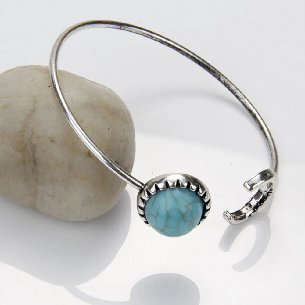 

2018 Unique Design Women Bohemian Silver Alloy Moon Shape Ethnic Boho Cuff Bangles with stone Circle Wristband Bracelet Jewelry
